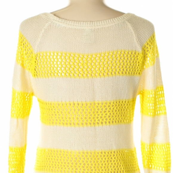 Y2K Roxy Pullover Sweater Size M Yellow Ivory Stripes Open Knit Scoop Neck Vtg - Picture 6 of 11